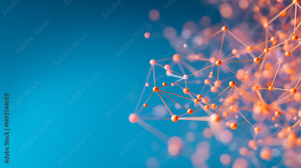 Poster abstract network of connections with nodes on a blue and orange gradient background, illustrating a 