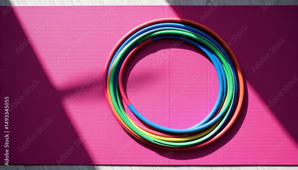 Poster colorful rings arranged in a circular pattern on a surface.
