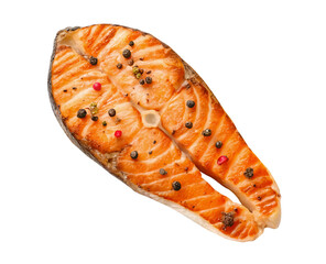 Top view of grilled salmon meat or salmon steak with spices isolated on white background with clipping path and generated with AI