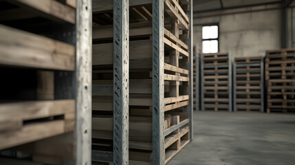 Fototapeta premium Wooden pallets stacked on metal racks inside industrial warehouse with concrete floor and natural light coming through windows creating calm atmosphere