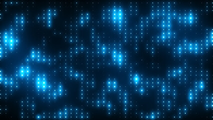 Bright glowing disco background of a vibrant lights wall. Disco party, blue neon lights for night club, pop music, dance party, celebration event. Disco wall LED lights.