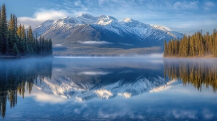 A stunning landscape of majestic snow-capped mountains reflecting on a crystal-clear alpine lake, 