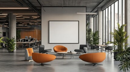 Modern Office Lounge Interior Design with Orange Armchairs Large Blank Canvas Wall Minimalist Workspace Contemporary    