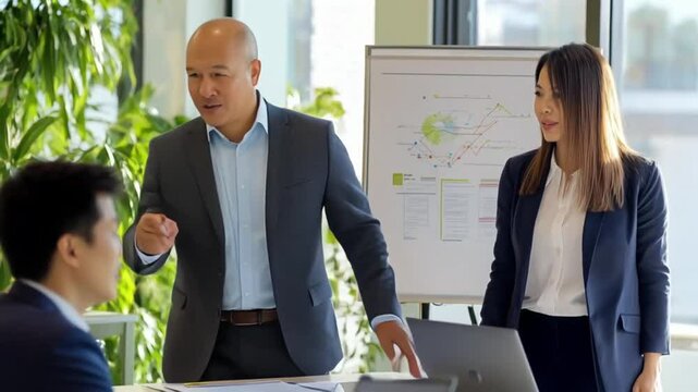 A confident, diverse business team gathered around a conference table, with a leader pointing to a roadmap on a whiteboard with a slight expression of satisfaction.