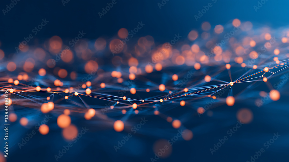 Poster abstract network connections with glowing dots and lines on a dark blue background, concept of digit
