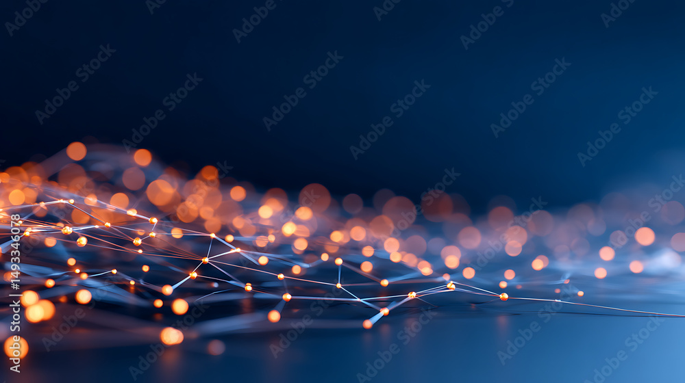 Poster abstract network connections with glowing dots and lines on a dark blue background, concept of digit