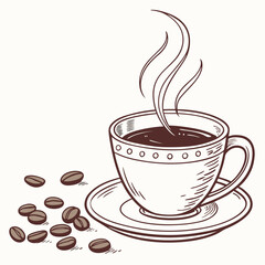 Aromatic coffee cup steam beans illustration