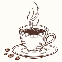Aromatic coffee cup steam rising beans saucer