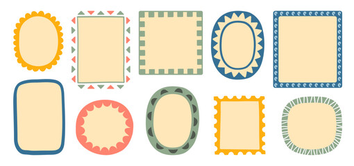 Collection of hand-drawn decorative frames with tribal and geometric elements, ideal for tropical design, labels, cards, stickers, and kids projects.
