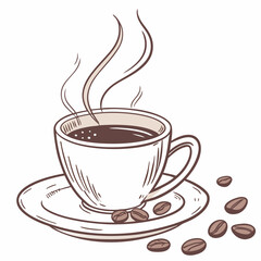 Aromatic coffee cup steam beans drawn illustration