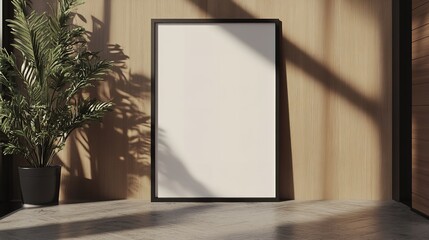 Modern Minimalist Mockup Blank Canvas Frame Wooden Wall Interior Design Room Plant Pot Sunlight Shadows Art Home Palm   