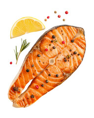 Top view set of grilled salmon meat or salmon steak with yellow lemon slices and spices isolated on white background with clipping path and generated with AI
