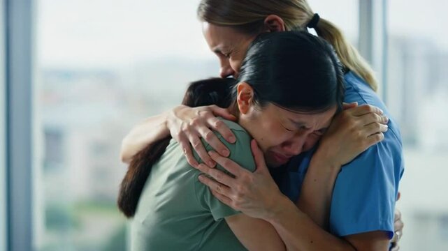 Young Asian woman crying with relief after receiving good news from smiling female doctor, thanking her with a hug after hearing that she or relatives are completely recovered