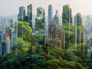 Hong Kong cityscape with forest overlay aerial view showcasing urban sustainability and green architecture in Asia