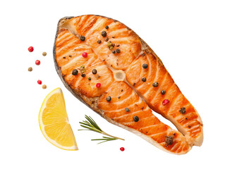 Top view set of grilled salmon meat or salmon steak with yellow lemon slices and spices isolated and generated with AI in png file format