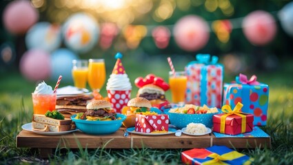 Fototapeta premium Colorful outdoor celebration featuring delicious food and festive decorations in a lively garden setting