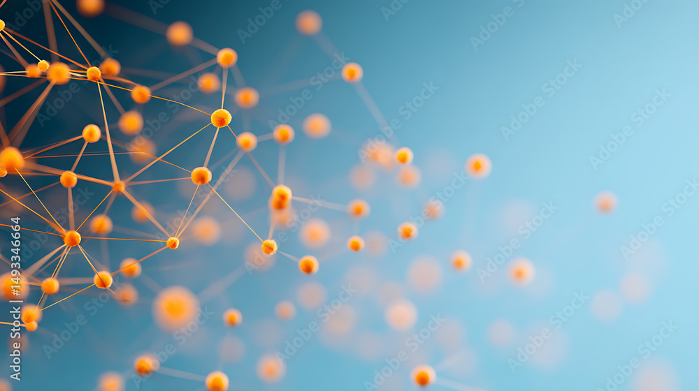 Poster a complex network with orange and yellow nodes on a soft blue gradient background, symbolizing conne