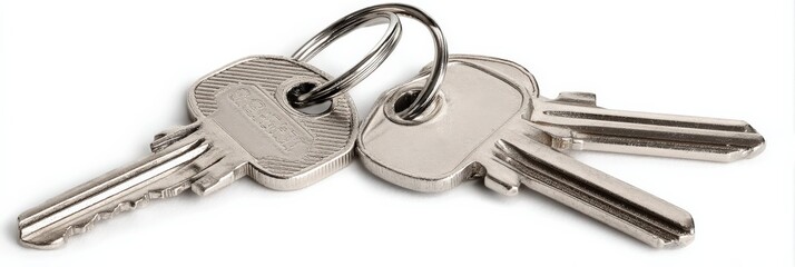 Two silver keys on a keyring against a white background.