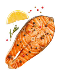 Top view set of grilled salmon meat or salmon steak with yellow lemon slices and spices isolated and generated with AI in png file format