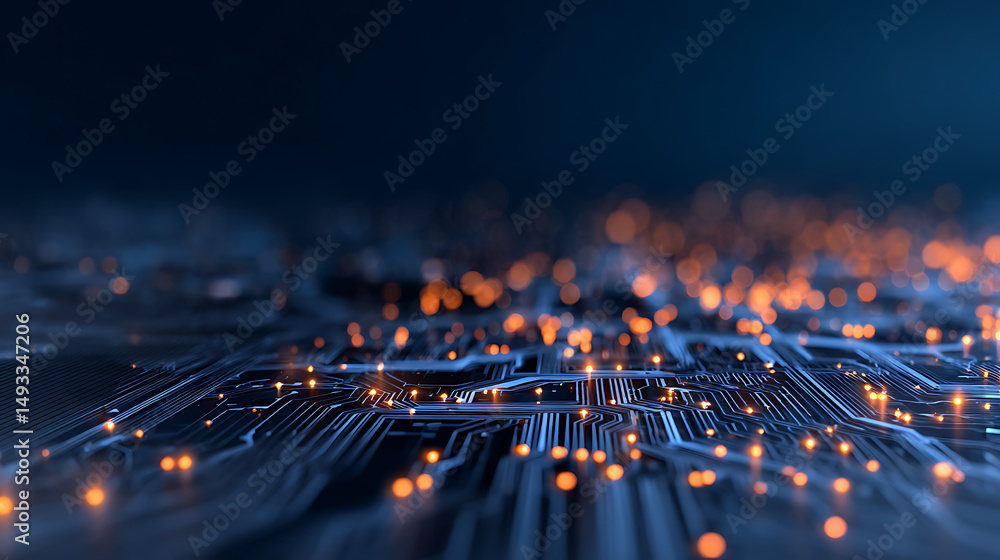 Poster a digital landscape with blue circuit pathways and glowing orange dots on a dark background, symboli