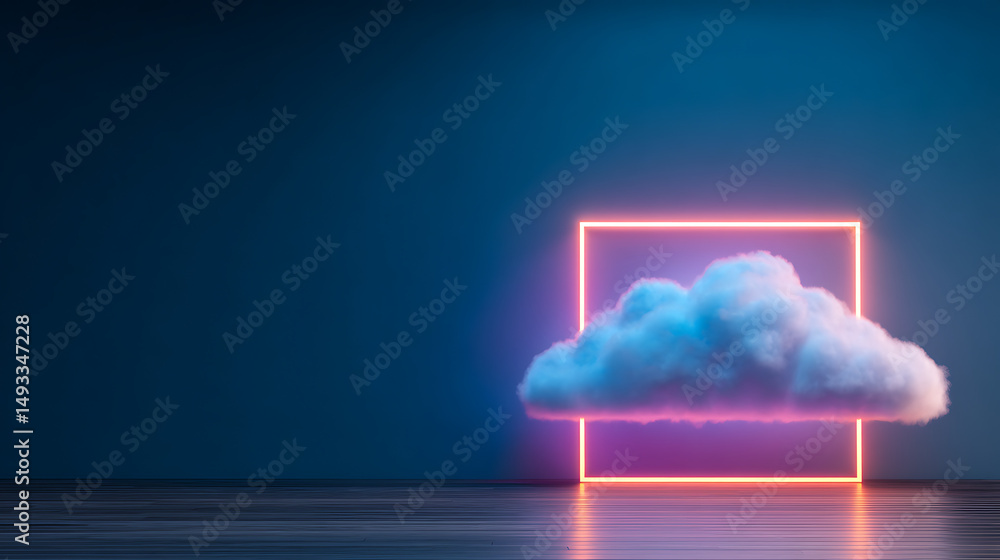 Aufkleber a cloud illuminated within a neon square frame on a dark reflective background, symbolizing technolo