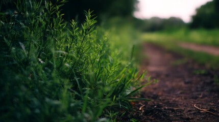 Lush green grass growing along dirt path in summer forest