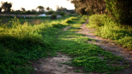 Fototapeta premium Path winding through lush green vegetation at sunset