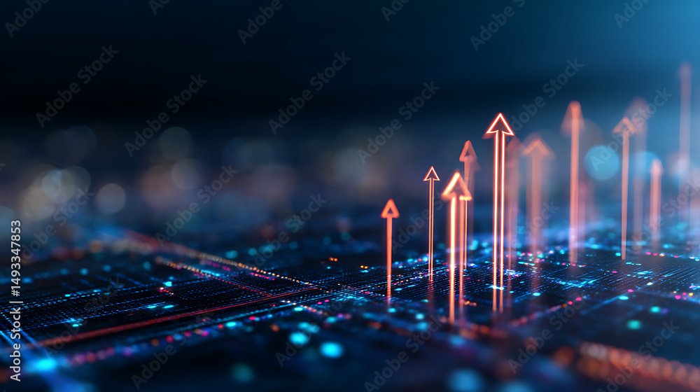 Poster arrows pointing upwards on a digital neon blue background, representing growth or progress in techno