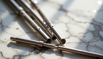 Metal straws arranged on a textured surface with natural light.