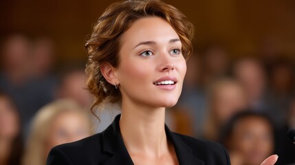 Fototapeta premium Confident Woman Presenting Argument in Assembly Room During Meeting