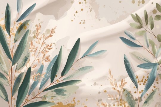 Elegant botanical illustration featuring green and gold leaves on a soft beige background in a watercolor style