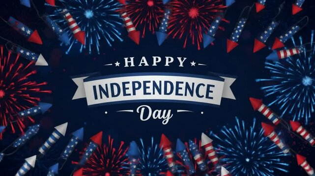 Festive Independence Day: Red, White, and Blue Fireworks & Rockets on Dark Backdrop.