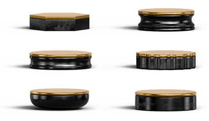 Black and gold podium set pack isolated background 3d rendering	
