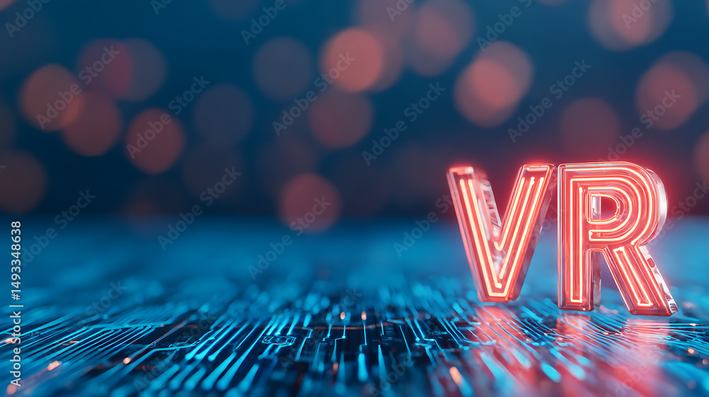 Poster a digital image featuring vr text with a neon circuit board background, representing virtual reality