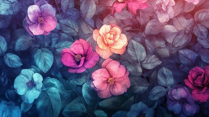 Vibrant Floral Botanical Illustration Dark Teal Pink Roses Flowers Nature Artistic Background Design Elegant Vintage    