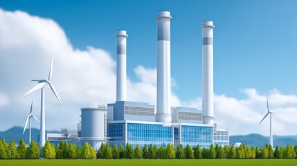 Modern Factory Utilizing Green Energy with Wind Turbines Under Clear Blue Sky