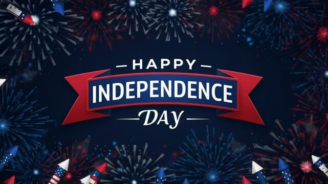 Independence Day Celebration: Festive Fireworks and Patriotic Banner Graphic.