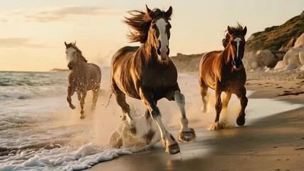 Three horses running along a beach at sunset, creating splashes in the water with their hooves.