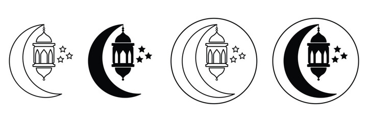 Islamic lantern moon and stars icon set in outline and solid style with circle border as vector illustration for eid design.