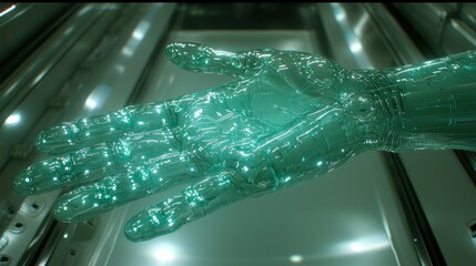 Transparent, glowing, robotic hand extends