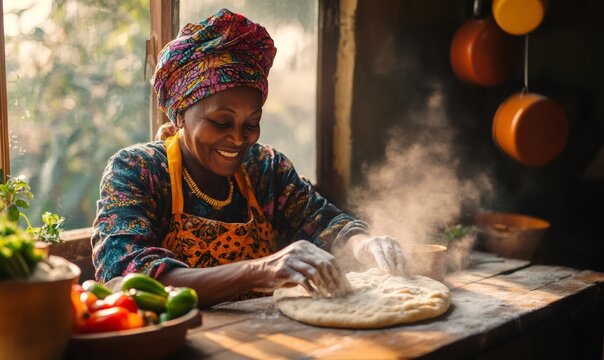 Elderly woman in vibrant attire kneading dough by a sunlit window, surrounded by fresh vegetables, embodying tradition and culinary passion