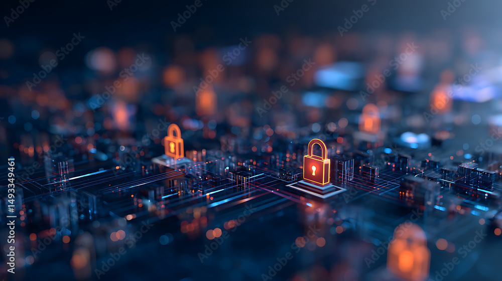 Aufkleber an abstract digital network with nodes and encryption icons in blue hues with light effects on a dar