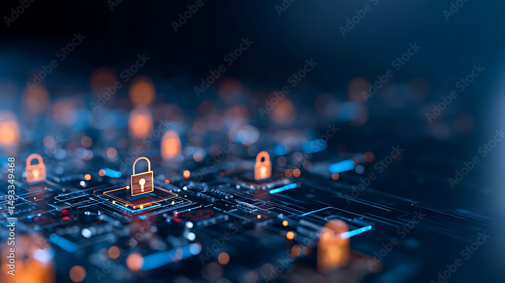 Poster an abstract digital network with nodes and encryption icons in blue hues with light effects on a dar