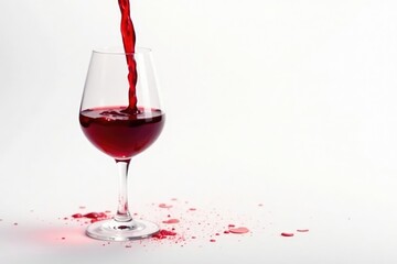 Rich red wine poured against pure white backdrop, isolated, splash
