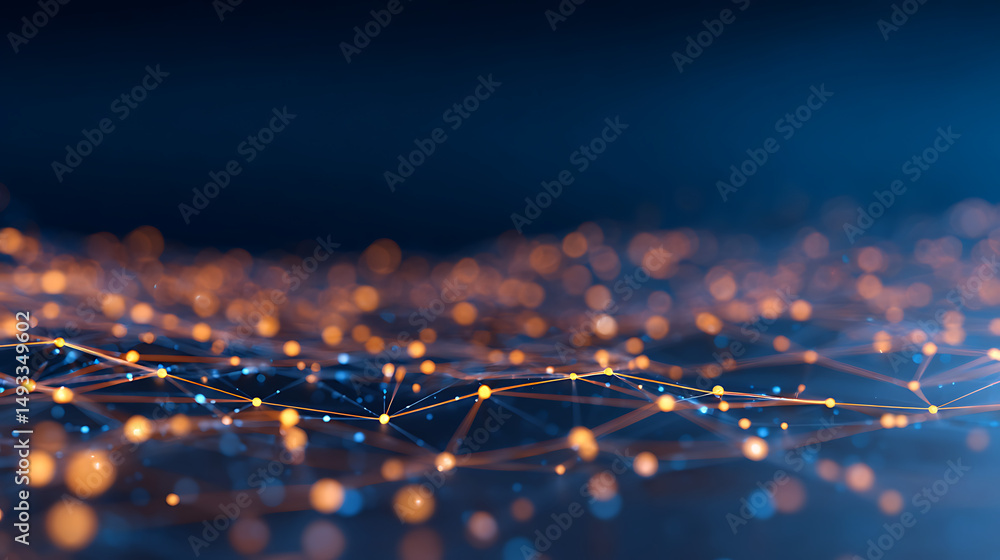 Aufkleber an abstract digital network design with a dark blue background featuring light effects representing 