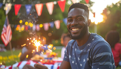 Realistic photo of a US Independence Day celebration in a sunny park, families and friend.