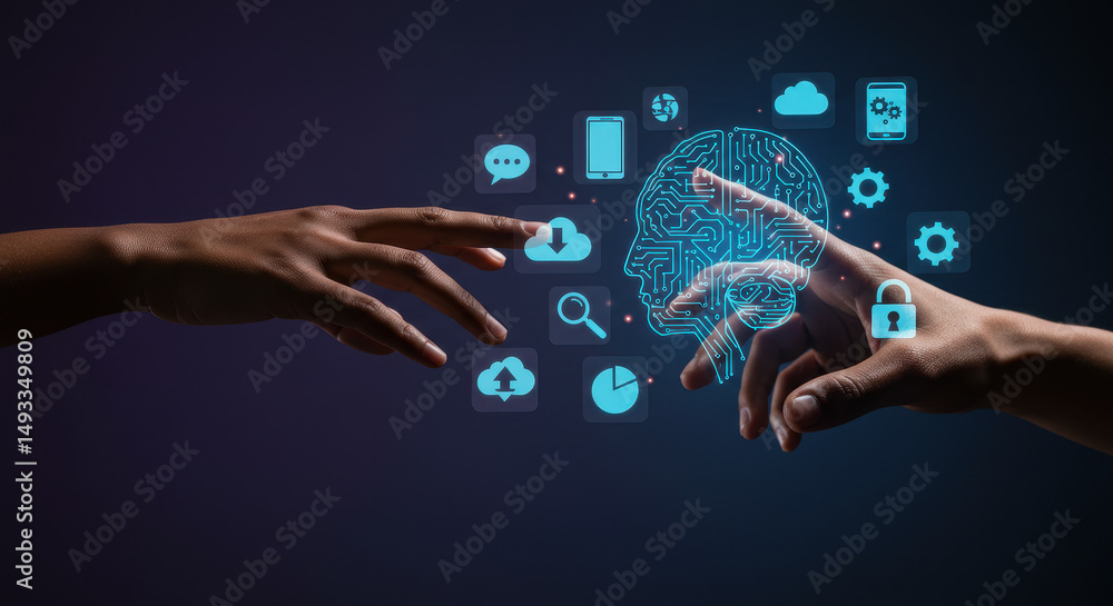 Poster ai connection: hands touching artificial intelligence, data, cloud & security. digital transformatio