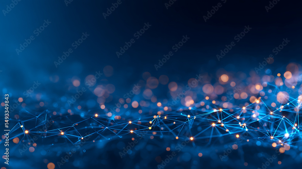 Poster an abstract digital network design with a dark blue background and light effects creating a futurist