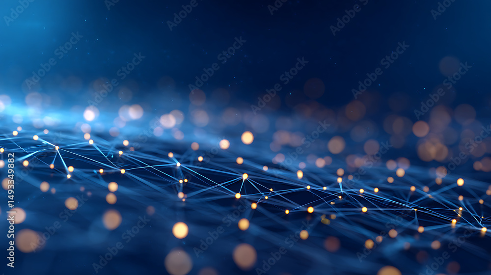 Poster an abstract digital network design with a dark blue background and light effects creating a futurist