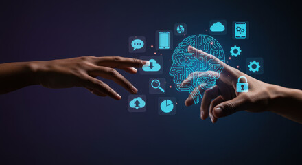 AI Connection: Hands Touching Artificial Intelligence, Data, Cloud & Security. Digital Transformation, Connectivity & Innovation Concept